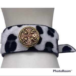 Fun Faux Cow Hide Snap Bracelet w/ Brass Colored Celtic Cross! Size: Small-Med